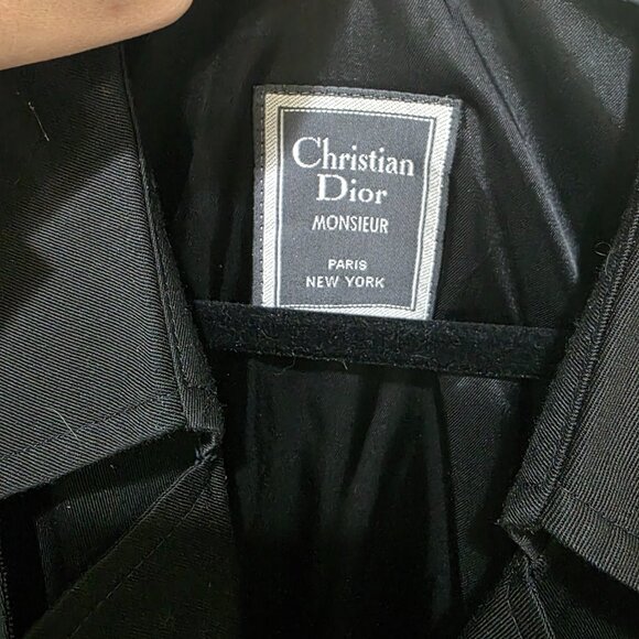 Christian Dior Trench Coat Black 42L Vintage Designer Long Double-Breasted - Picture 2 of 16